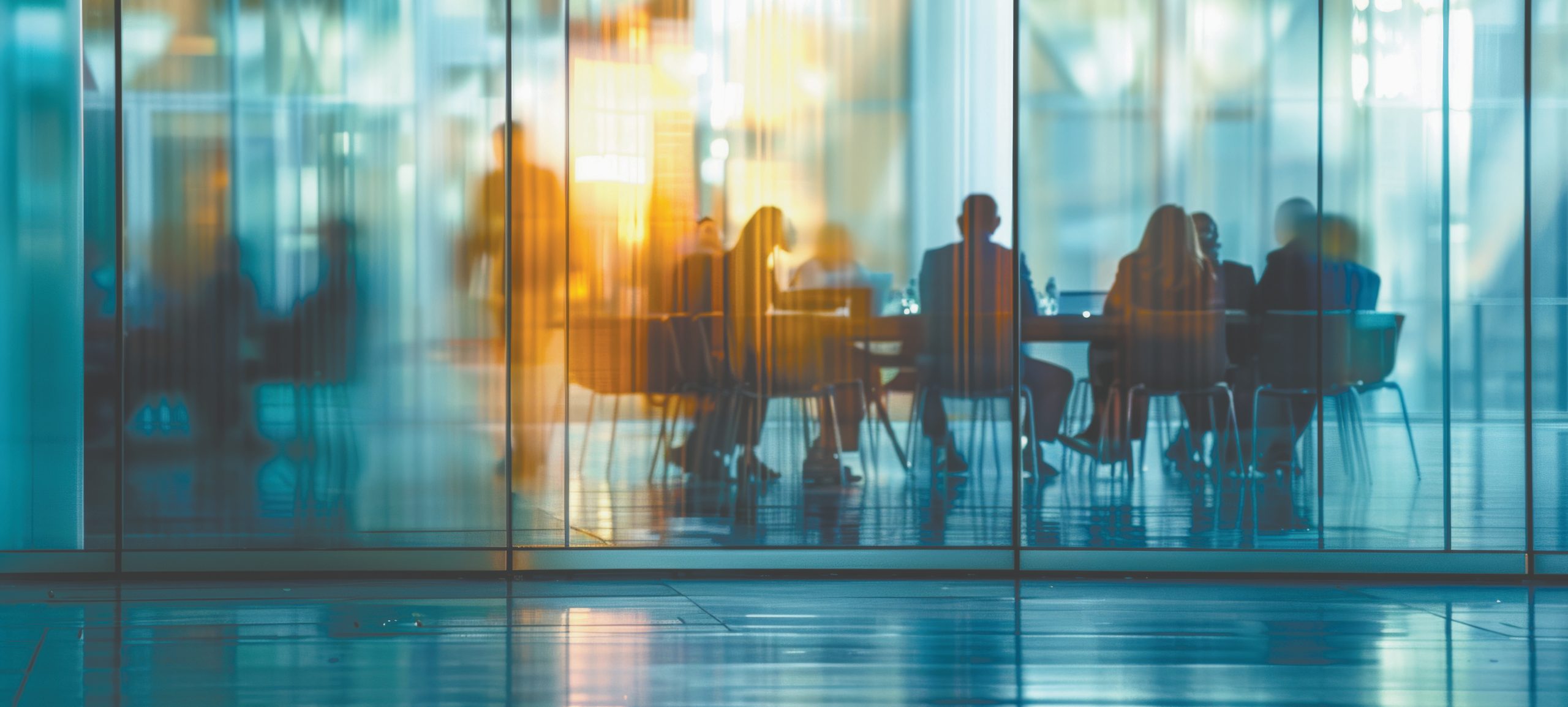 Placeholder: silhouetted meeting in a glass boardroom