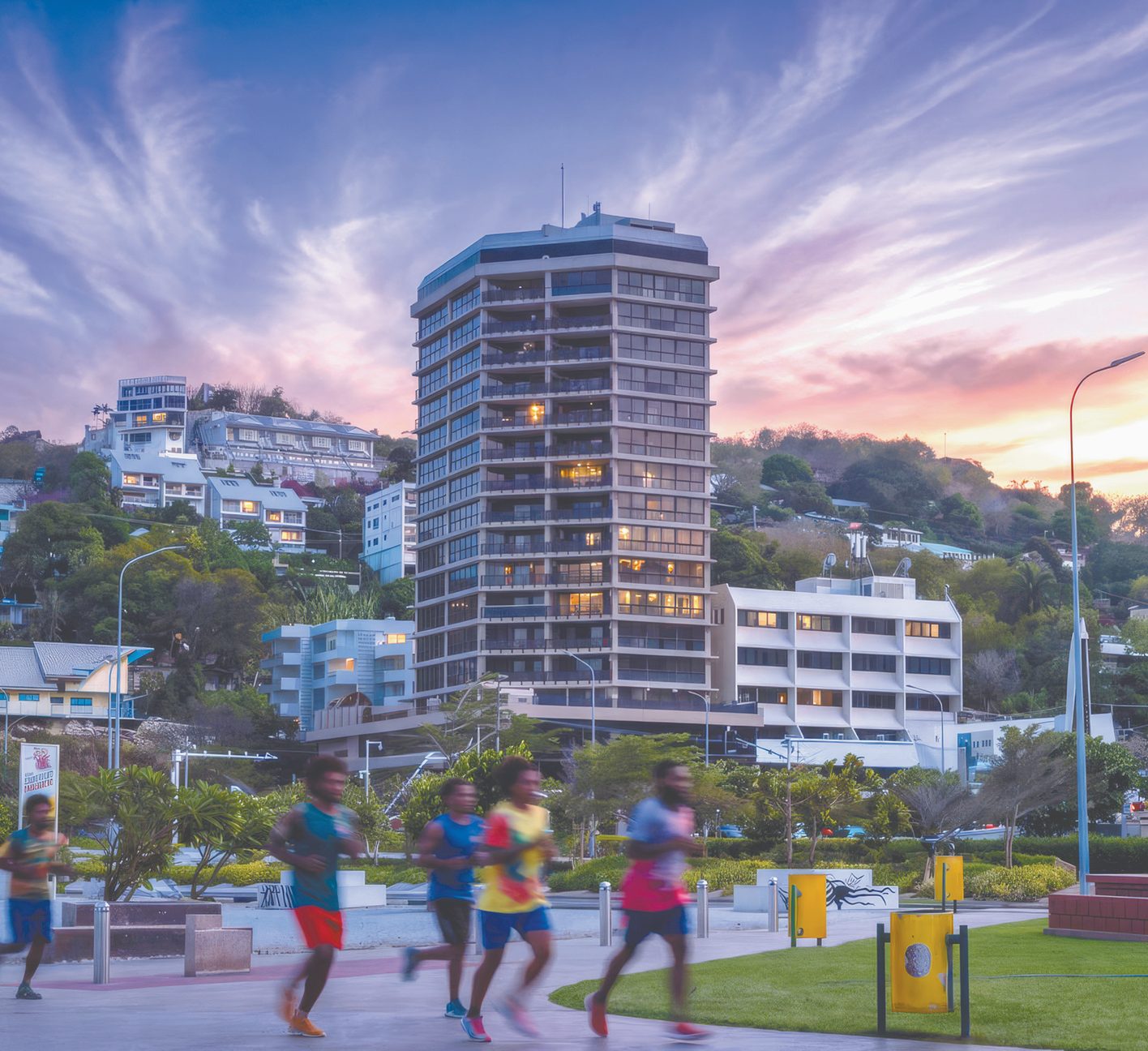 Ela Beach Tower, Port Moresby, at dusk