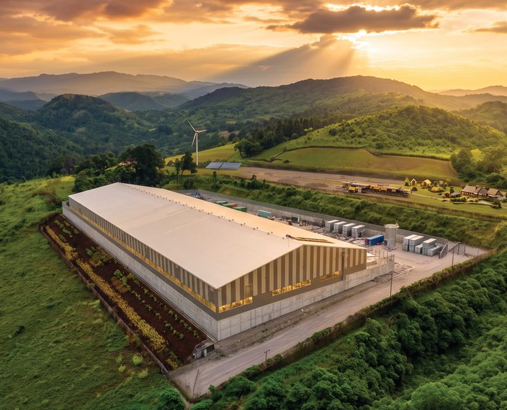 Industrial building in a green hillside landscape