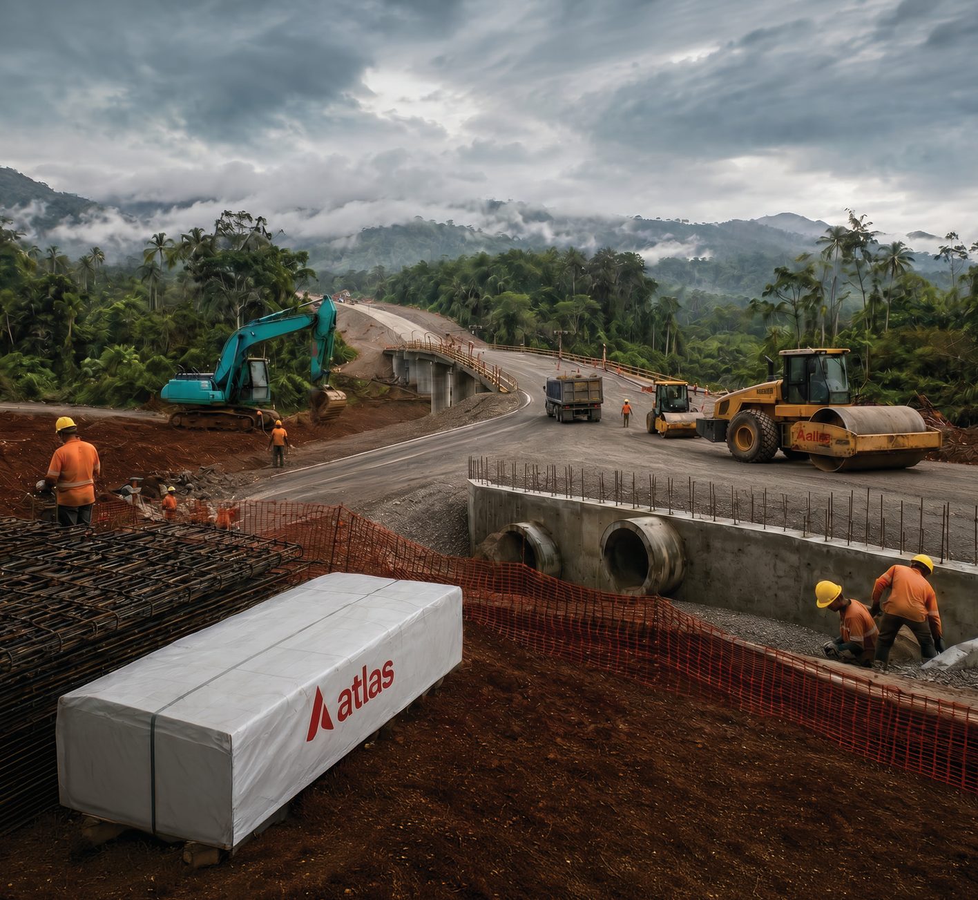 Atlas civil works crew and machinery on a road construction site in PNG highlands