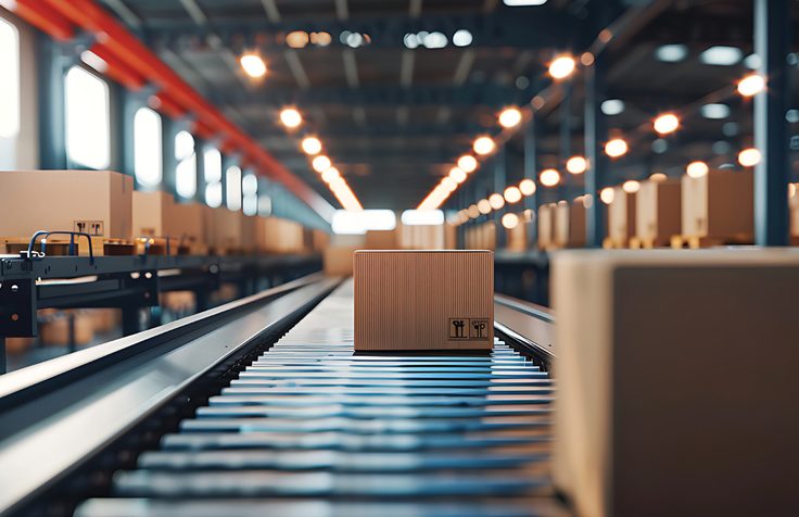 Parcels moving along a warehouse conveyor